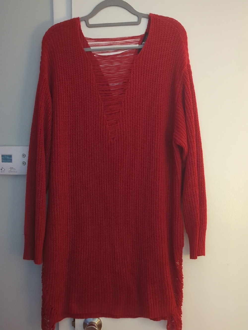 Ashley Stewart Red Distressed V-Neck Knit Tunic Sweater